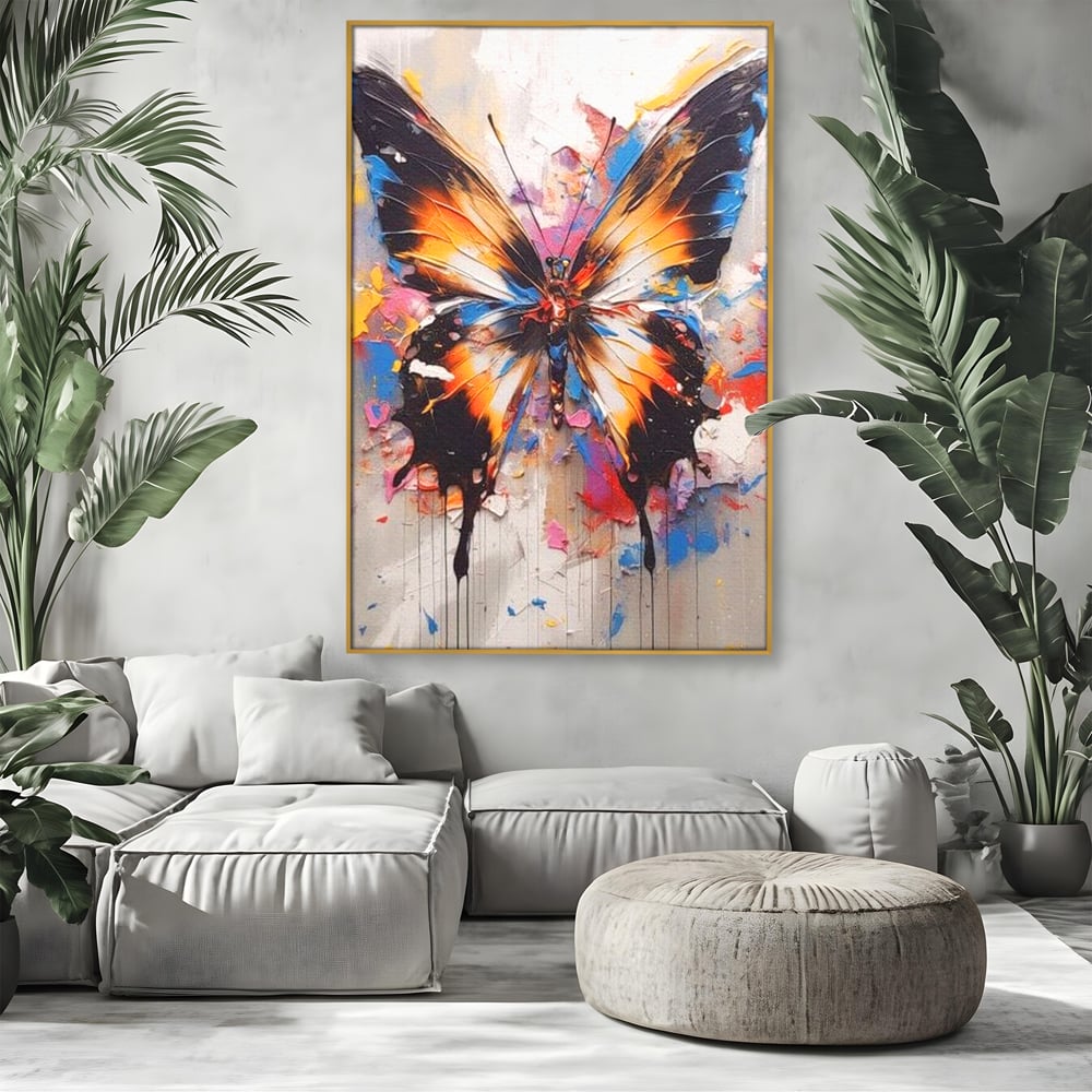 Tablou canvas cu tablou vertical cu fluture pictat, in rama de aluminiu auriu, pe perete intr-un living